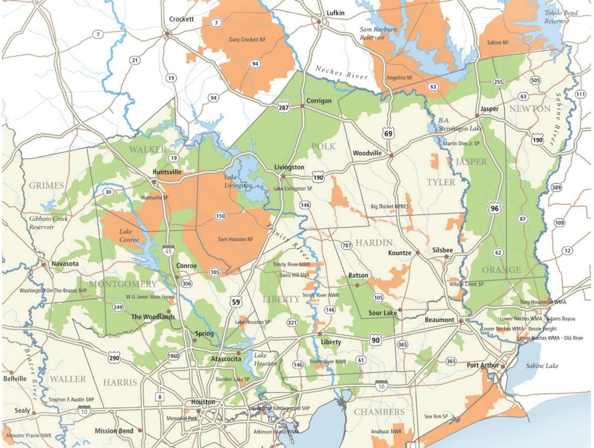 mapa sam Houston nacionalna šuma